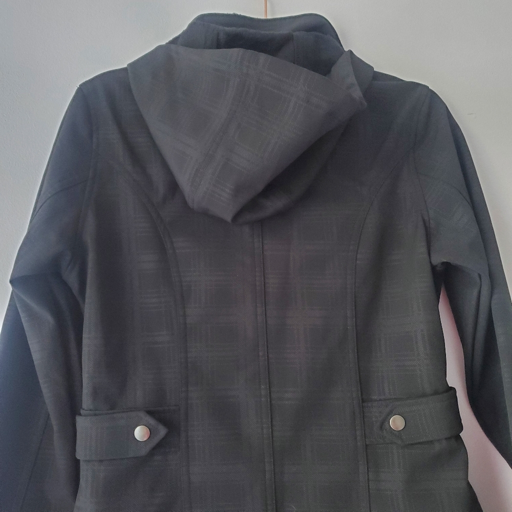 Free Country Woman's Black Plaid Hooded Trench Coat With Faux Fur Lining Sz S - Picture 3 of 16